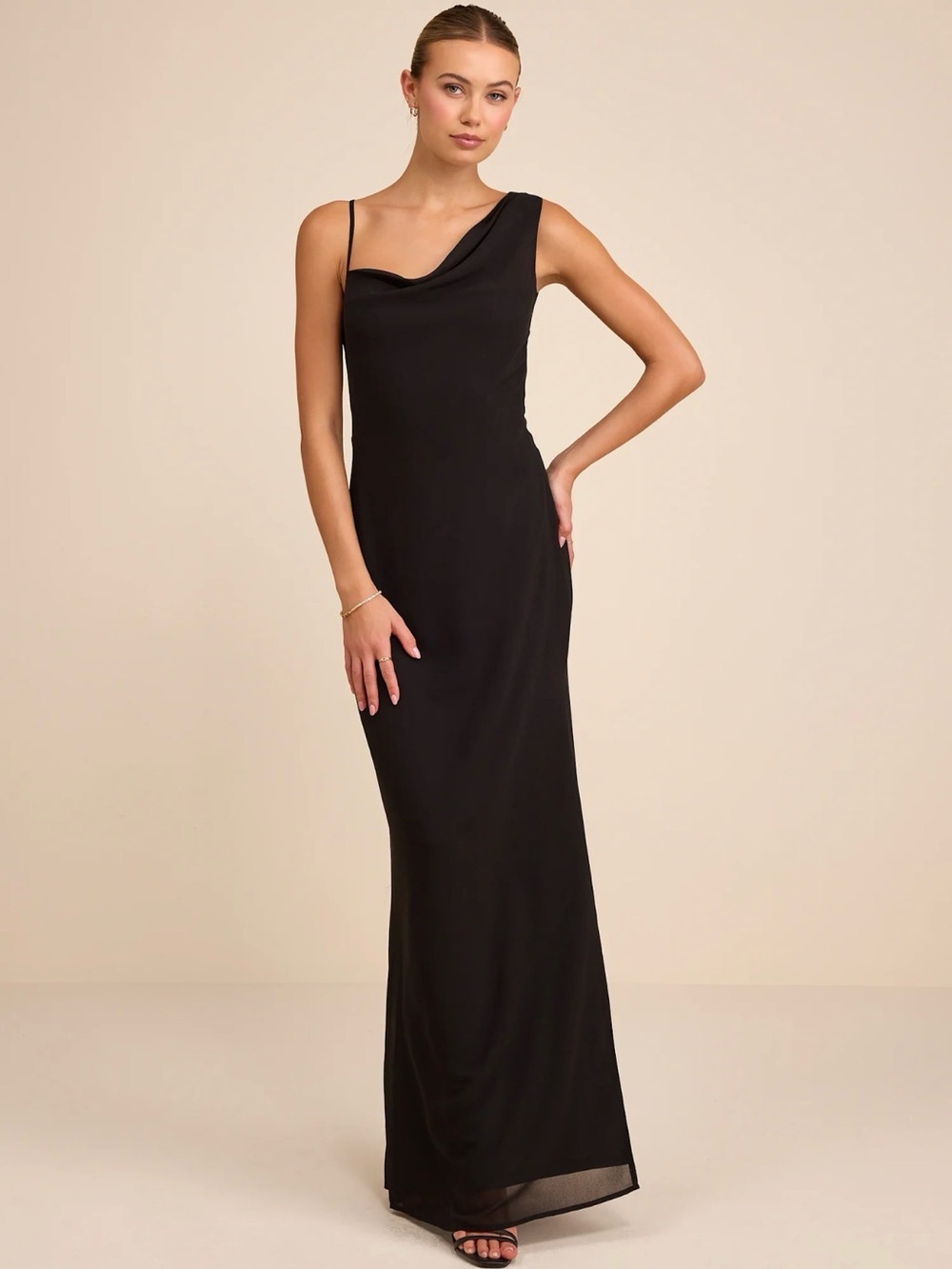 Lulu's Black One-Shoulder Cowl Neck Gown